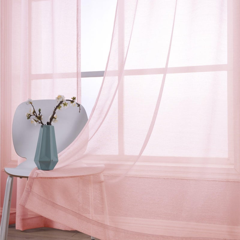 KOUFALL Sheer Pink Curtains 2 Panels 84 Inches Long Grommet Window Voile Drape Transparent Faux Linen Semi Sheer Curtain for Bedroom Girls Room Decor Living Room Wide 52 Length Nickel Soft Light Blush Pink - Image 4
